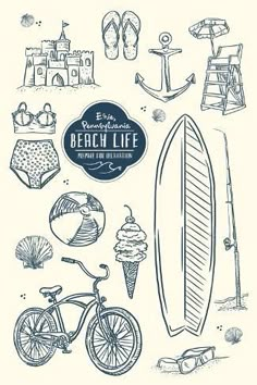 a drawing of beach life with surfboard, sunbath and other things on it