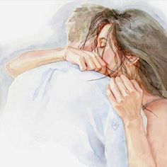 a watercolor painting of a woman covering her face with her hands and looking down