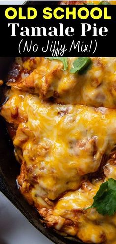 an old school tamale pie is shown in a skillet