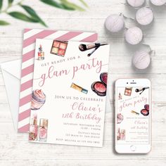 a pink and white birthday party with makeup items on the table next to an iphone