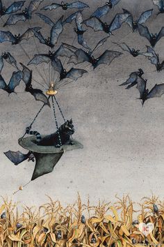 a painting of bats flying in the air over a cornfield with a cat on a swing