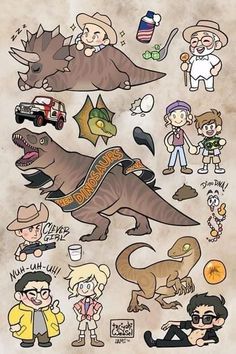 an image of cartoon characters and dinosaurs