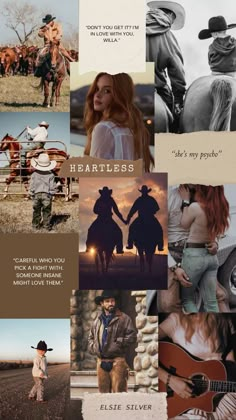 a collage of photos with horses, cowboys and people holding hands in the background