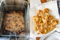 two pictures side by side, one with fried food and the other with chicken wings