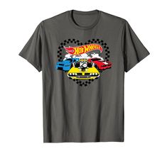 a gray t - shirt with cars on it and the words hot wheels in red, yellow