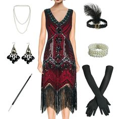 a woman in a flap dress and accessories including gloves, necklaces, bracelets and earrings