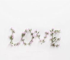 the word love spelled with small flowers on a white background, surrounded by smaller pink flowers