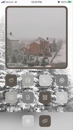 an image of a snowy day with buildings and trees in the foreground, on a cell phone screen