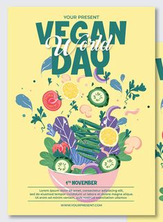 a poster for vegan is shown with vegetables and fruits in the bowl on it