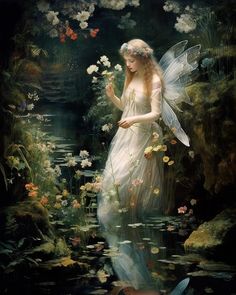 a painting of a fairy holding flowers in her hands and standing next to a pond