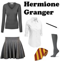 there is a woman's outfit and tie on display in this image with the words, hermione grunger