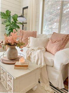 a living room filled with furniture and a potted plant on top of a coffee table