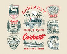 an advertisement for the carmartt camper brand, featuring different logos and colors