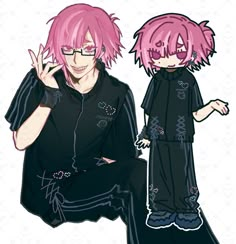 two anime characters one with pink hair and the other with black clothing, both wearing glasses