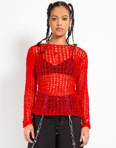 Trendy Red Knitted Sweater, Red Sweater For Fall Streetwear, Punk Style Winter Festival Tops, Winter Festival Punk Style Tops, Edgy Tops For Winter Festival, Edgy Open Knit Tops For Fall, Red Grunge Tops For Fall, Edgy Oversized Sweater For Layering, Edgy Crew Neck Sweater For Layering