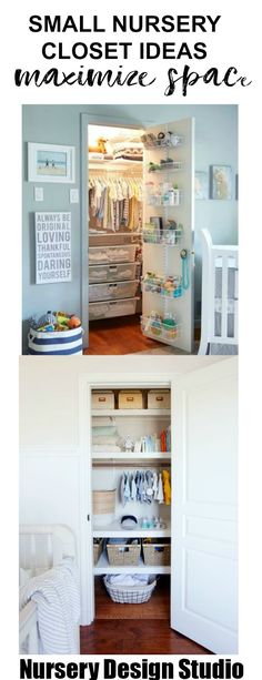 the inside of a small closet with clothes in it and an open door that says nursery design studio