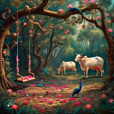 two cows standing in the middle of a lush green forest with pink flowers and birds