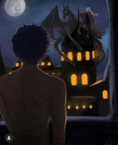 a man standing in front of a window looking at a castle with bats on it