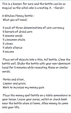 Witches money bottle page 1 Money Oil Recipes Hoodoo, Hoodoo Honey Jar Spell, Come To Me Oil Recipe Hoodoo, Honey Jar Hoodoo, Attraction Oil Recipe Hoodoo