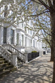 a row of white townhouses with trees in the foreground and stairs leading up to them