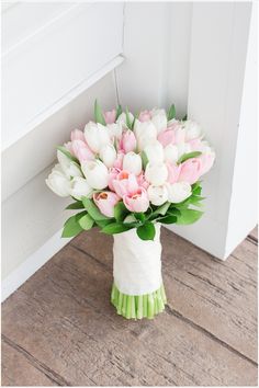 Pink and white tulip bouquet, flowers for the bride, spring wedding bouquet Spring Tulip Wedding, Simple And Elegant Bridal Bouquet, Tulip Wedding Bouquet Pink, Pink And White Tulip Bouquet, Tulip Wedding Theme, Pink Tulips Wedding, Tulips Bridal Bouquet, Tulips Wedding Bouquet, Tulip Wedding Bouquet