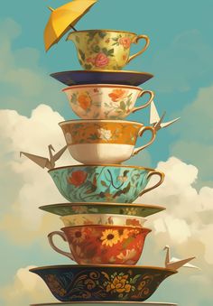 a stack of tea cups with an umbrella sticking out of the top, against a blue cloudy sky