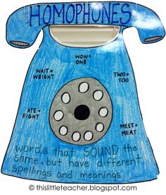 a drawing of a blue phone with words that say homophones on the front and back