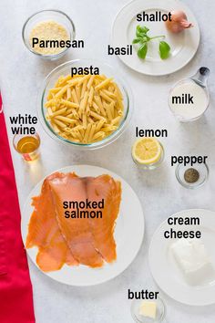 the ingredients to make this dish include pasta, parmesan cheese, lemon, and smoked salmon