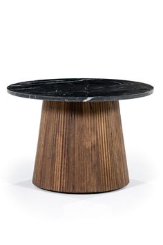 a black marble topped table with wood base and round wooden base, on white background