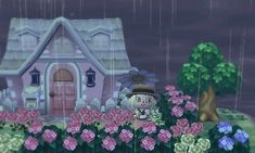 an animal is standing in front of a house with flowers on the ground and trees