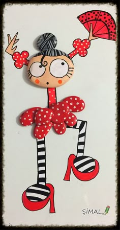 a drawing of a girl with red shoes and polka dots on her head, holding an umbrella