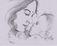 a pencil drawing of a woman kissing a baby's forehead with her eyes closed