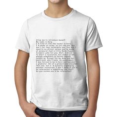 a young boy wearing a white t - shirt with words printed on it