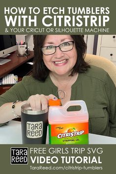 a woman sitting at a desk with a cup and bottle in front of her, text reads how to etc tumblers with cirstripp & your crut silhouette machine