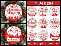 christmas ornaments with red and white designs for the holiday season, including pine cones, holly branches