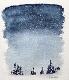 a watercolor painting of trees in the snow with blue sky and stars above them