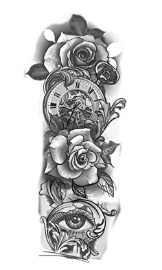 a black and white photo of an arm tattoo with roses, eye and clock on it