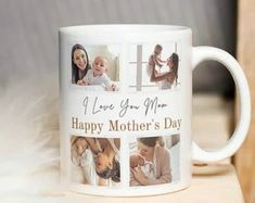 a white coffee mug with four photos on it and the words happy mother's day