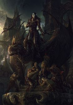 a woman riding on the back of a dragon next to other demonic creatures in a dark city