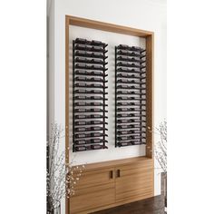 a wall mounted wine rack filled with lots of bottles