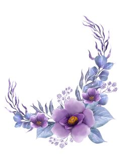 a watercolor painting of purple flowers and leaves