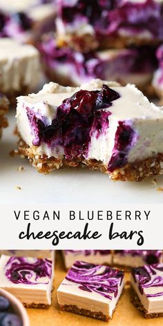 vegan blueberry cheesecake bars on a cutting board