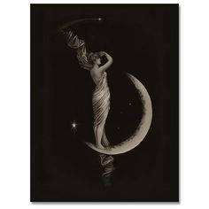 a black and white photo of a woman on the moon with her arm in the air