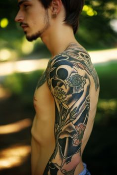 Man with a detailed full-sleeve tattoo on his right arm standing outdoors. Men’s Full Sleeve Tattoo Ideas, Left Arm Tattoo Men Full Sleeves, Full Sleeve Outdoor Tattoo, Full Sleeve Geometric Tattoo Men, Men Tattoos Arm Sleeve