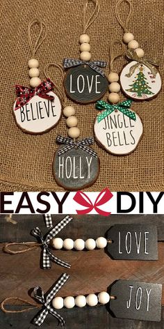 easy diy christmas ornament craft for kids to make with wood beads and ribbon