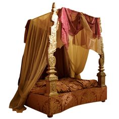 a bed with a canopy and curtains on it's headboard, sitting in front of a white background