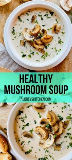 healthy mushroom soup in a bowl with bread on the side