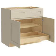 a white cabinet with two drawers and one door open to reveal the bottom drawer area