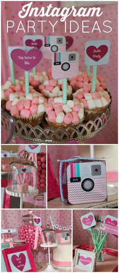 an instagramm party with pink and white decorations, cupcakes and candy