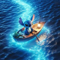 an animated character floating on top of a boat in the ocean